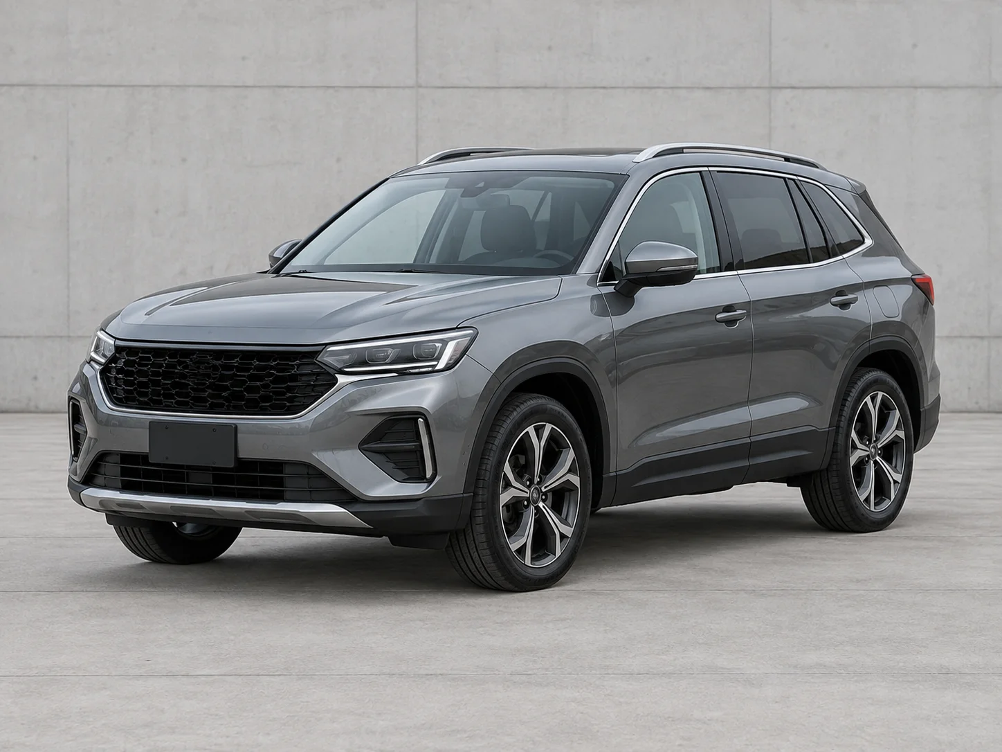 Illustrative front three-quarter photograph of a silver SUV